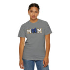 Mom Cheer support T-Shirt — "MOM" with Blue bow & Personalized Back Print