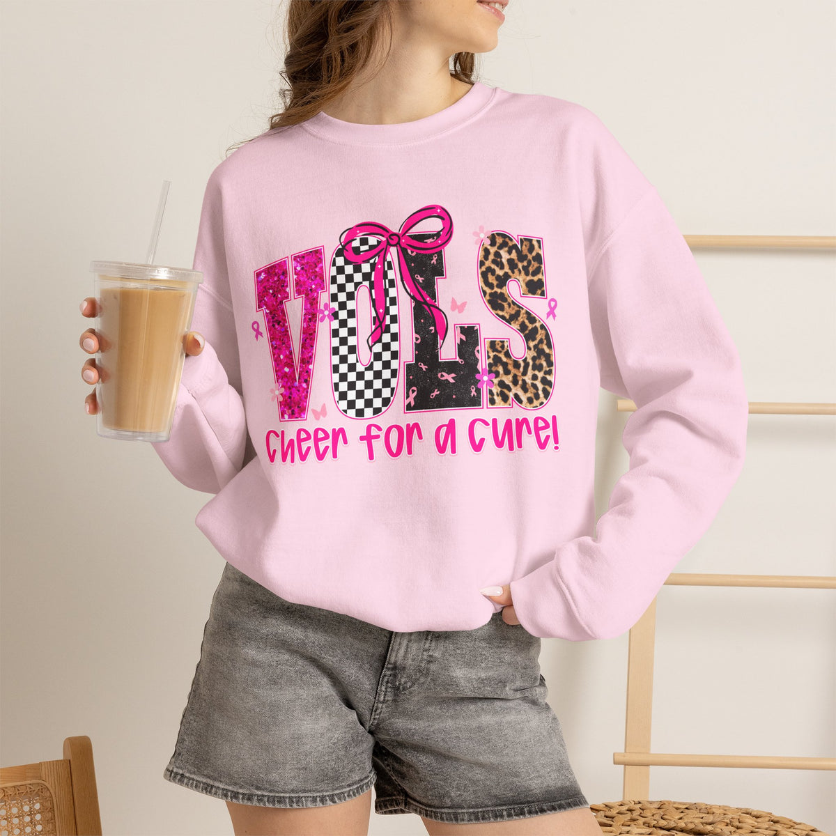 Crewneck Sweatshirt - VOLS Cheer For A Cure Pink Ribbon Leopard & Glitter Design