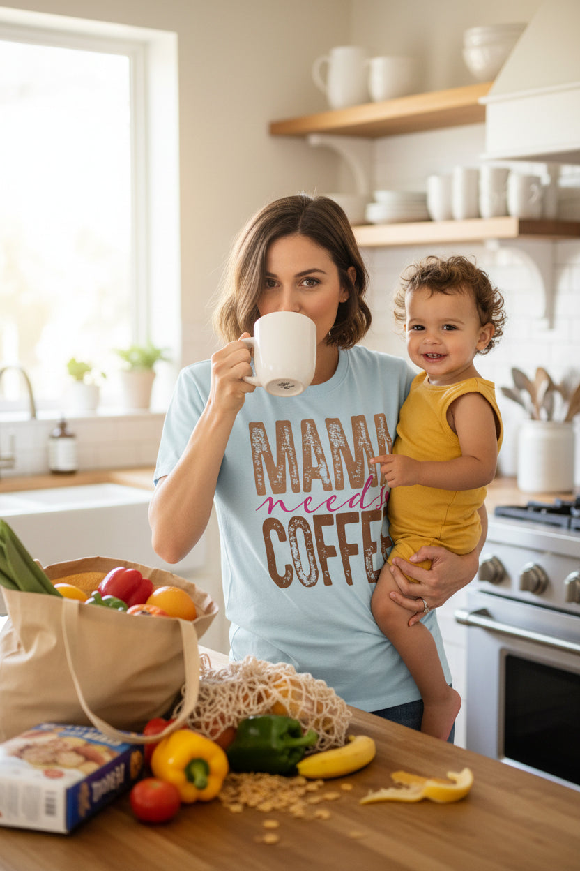Mama Needs Coffee T-shirt | Mom Coffee Shirt, Retro Distressed Typography