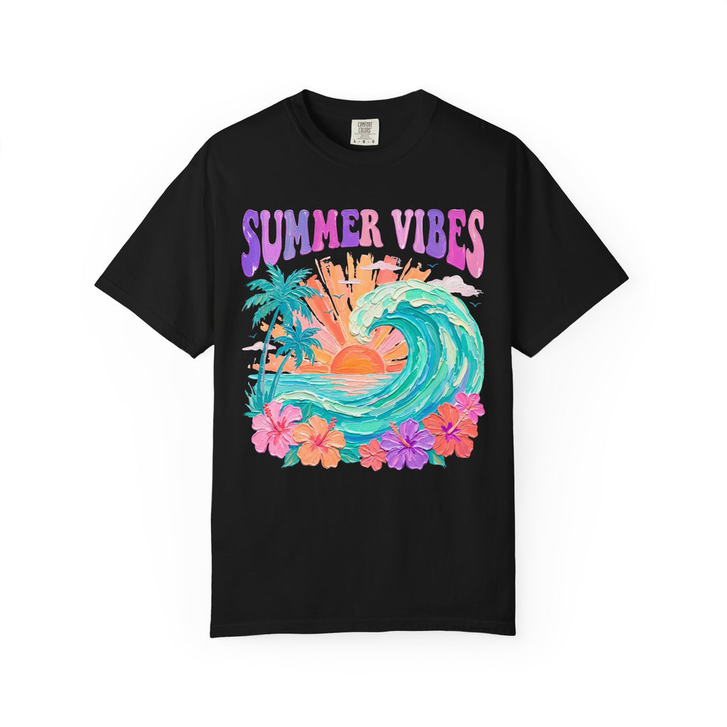 Summer Vibes Wave T-Shirt | Tropical Palm Sunset Hibiscus Beach lover tee