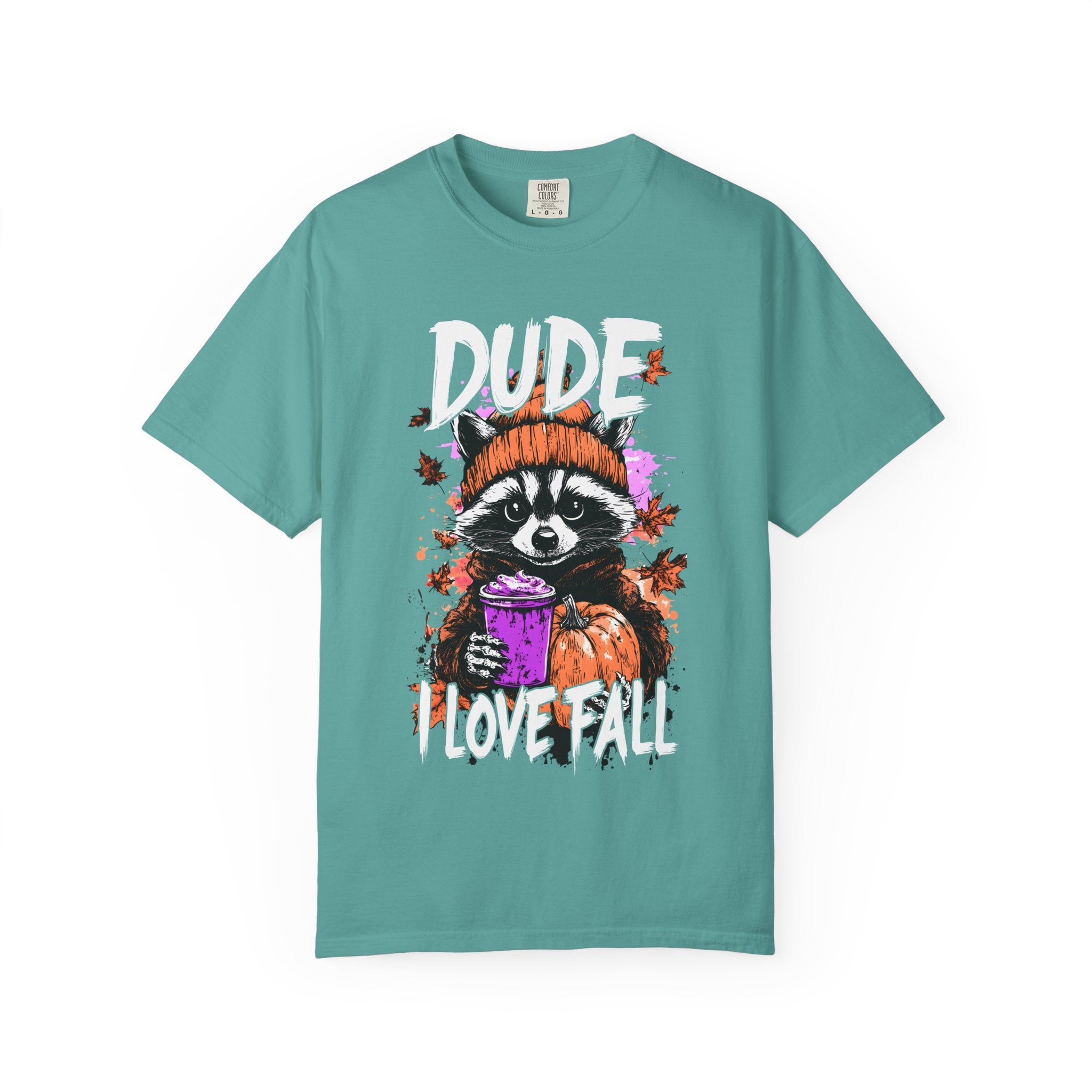 Raccoon with Pumpkin and Coffee Dude I Love Fall T-shirt | Autumn Graphic Tee