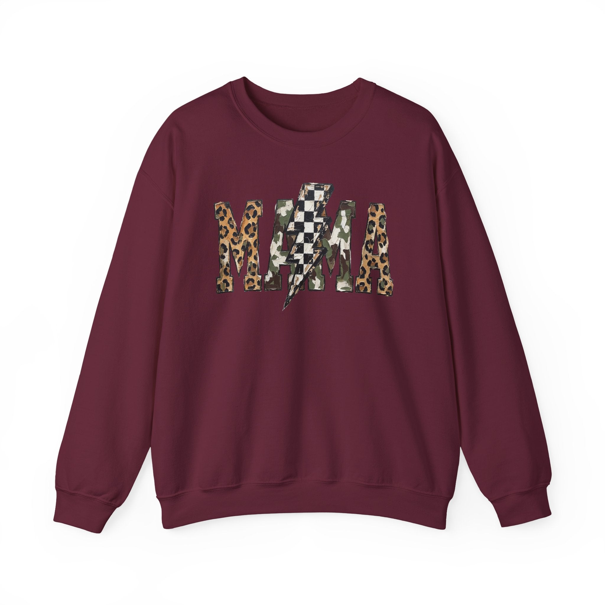 Neutral Street Style MAMA Sweatshirt | Leopard & Camouflage Lightning Bolt Graphic | Cozy Mom Crewneck