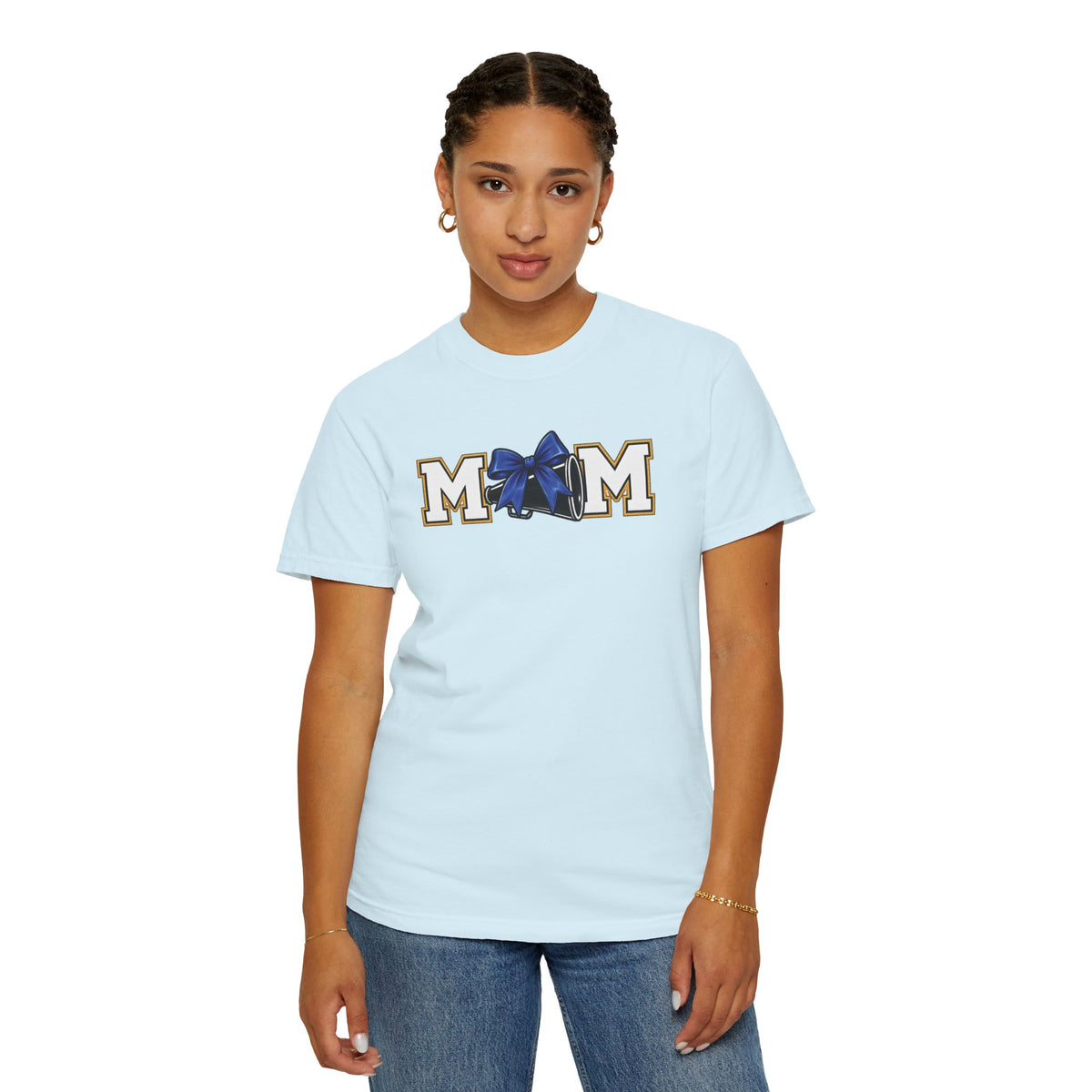 Mom Cheer support T-Shirt — "MOM" with Blue bow & Personalized Back Print