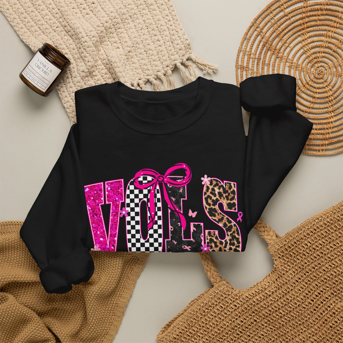 Crewneck Sweatshirt - VOLS Cheer For A Cure Pink Ribbon Leopard & Glitter Design