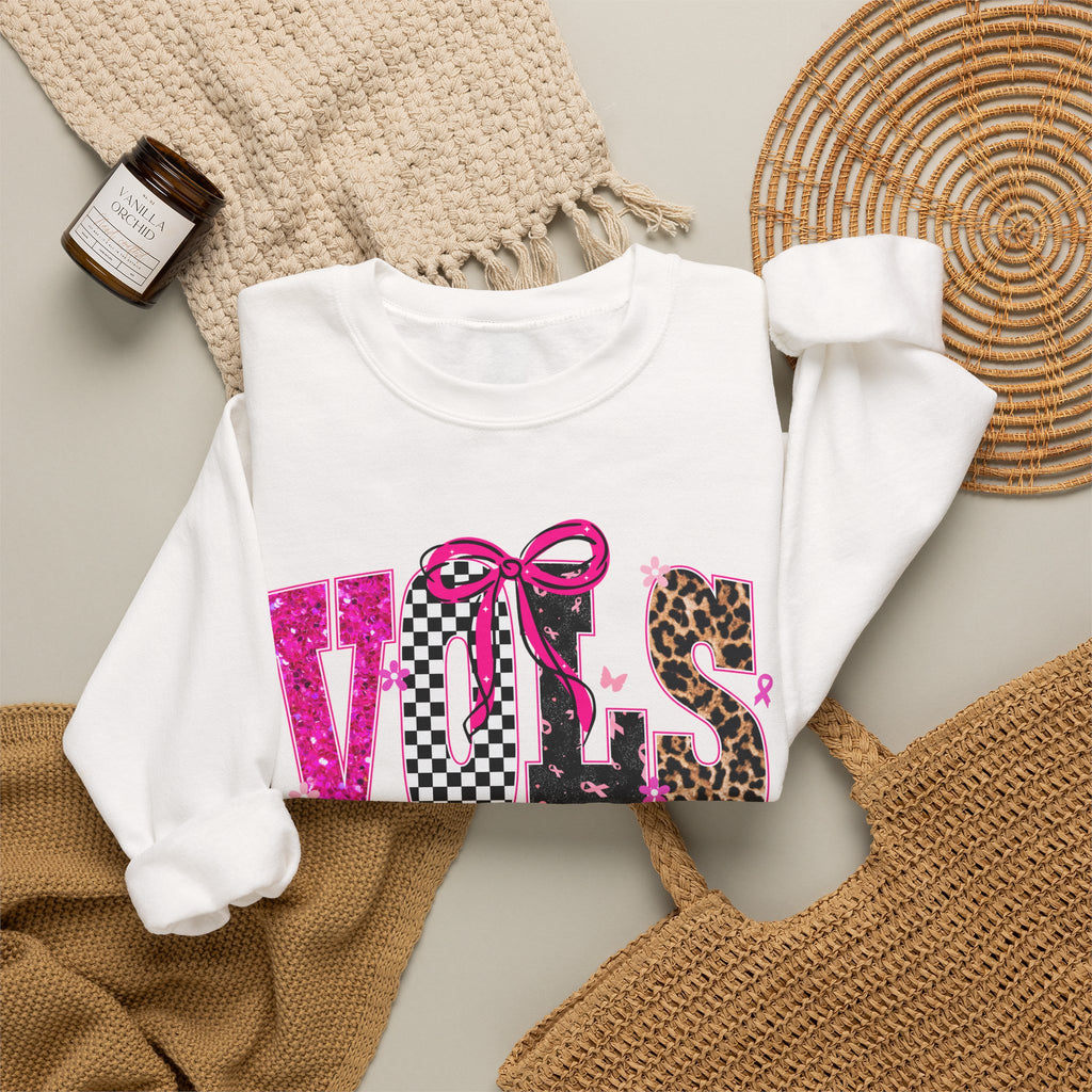 Crewneck Sweatshirt - VOLS Cheer For A Cure Pink Ribbon Leopard & Glitter Design