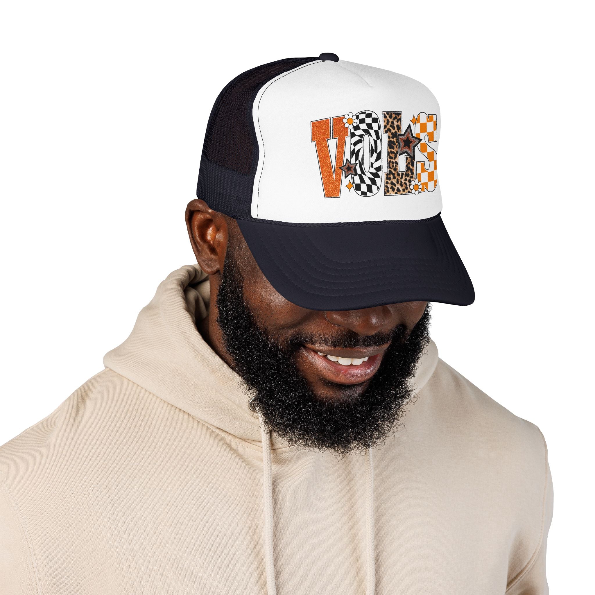 VOLS Foam Trucker Hat — Checker, Leopard & Retro Orange Design