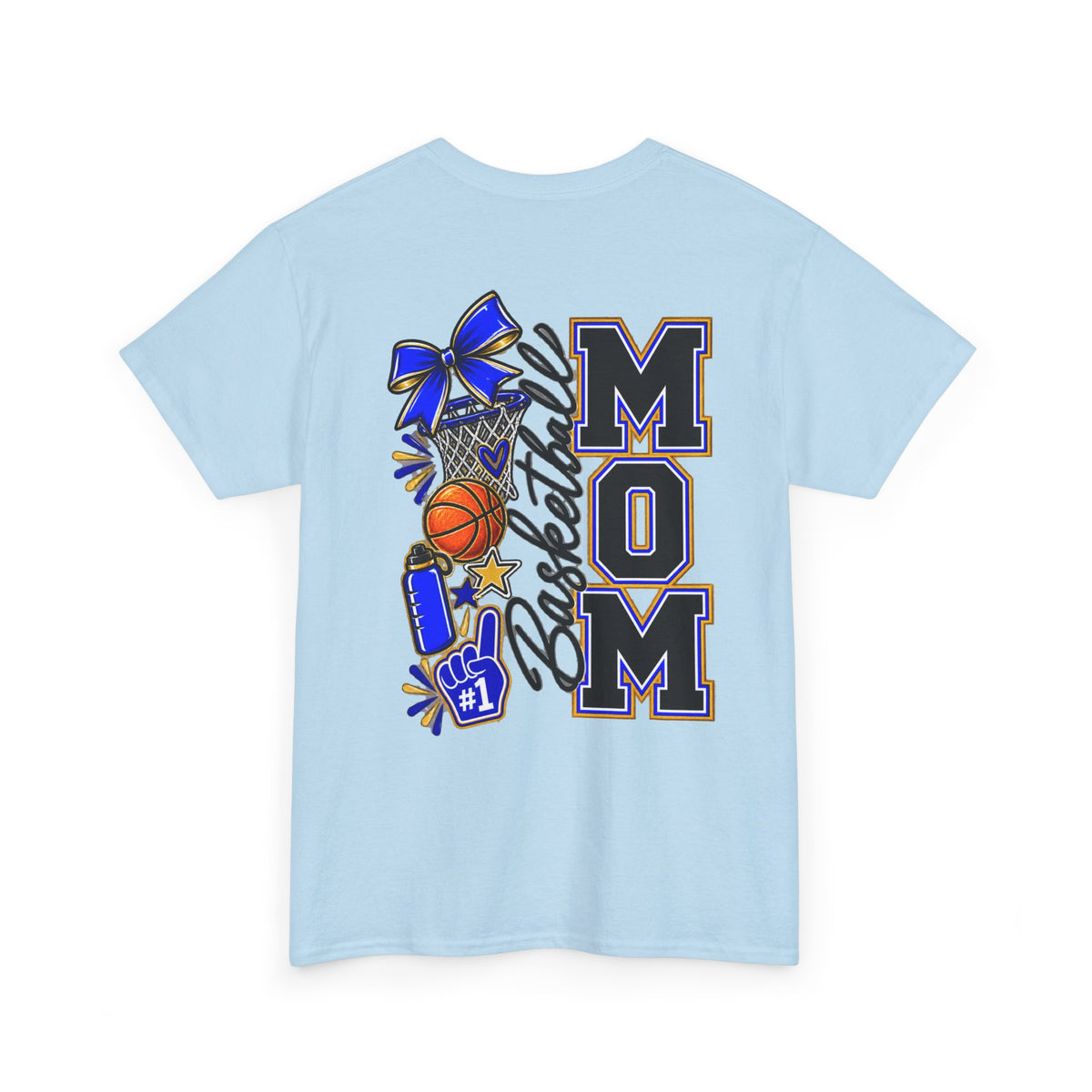Basketball Mom T-Shirt — 'MOM' Lettering with Hoop, Ball & #1 Foam Finger Design