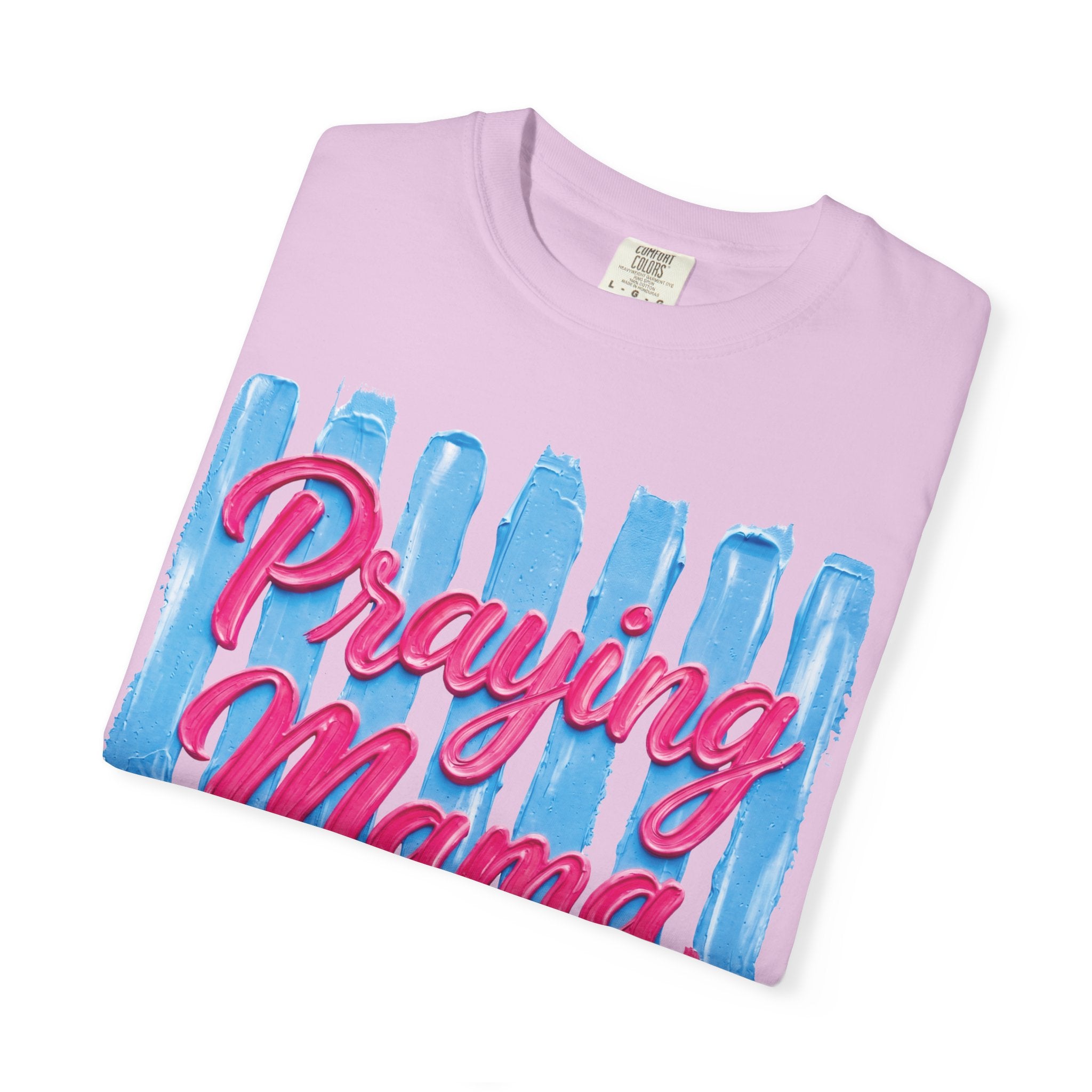 Praying Mama T-shirt | Christian Cross, Hearts, Blue Brushstroke