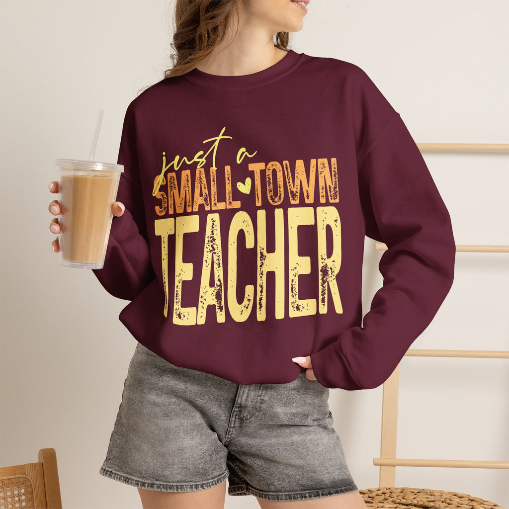 Small‑Town Teacher Sweatshirt | Cozy Crewneck for Educators | Distressed Yellow & Orange Lettering