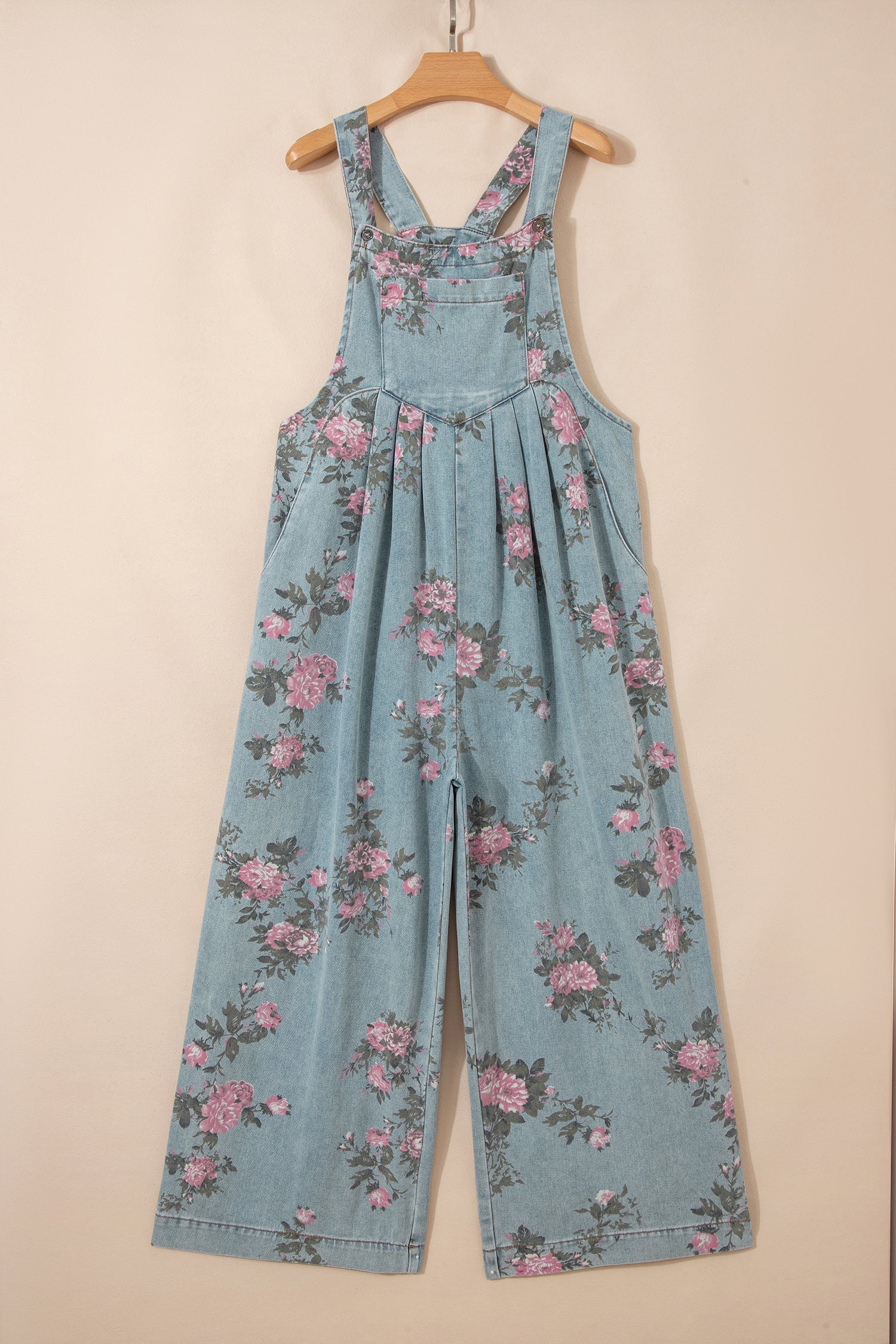 Beau Blue Floral Print Pleated High Waist Wide Leg Denim Jumpsuit
