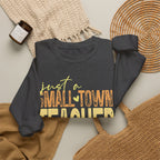 Small‑Town Teacher Sweatshirt | Cozy Crewneck for Educators | Distressed Yellow & Orange Lettering