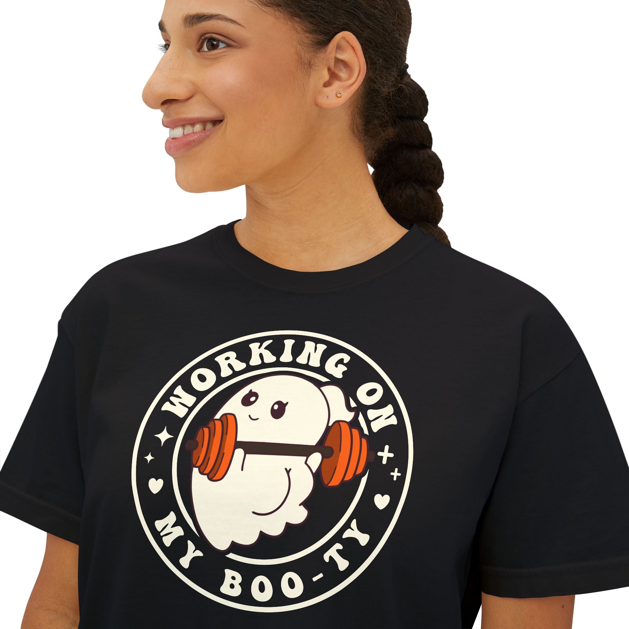 Women's Boxy Tee — Cute 'Working on My Boo-ty Ghost Weightlifting Fitness Shirt