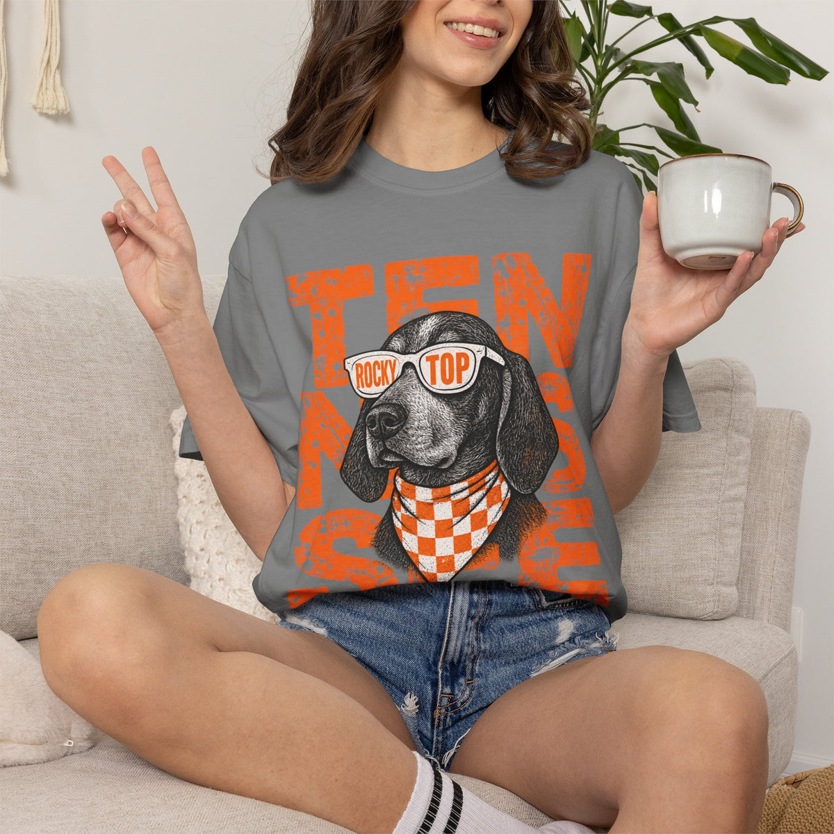 Smokey football dog with Sunglasses and Bandana T-Shirt | Tennessee Vintage Text
