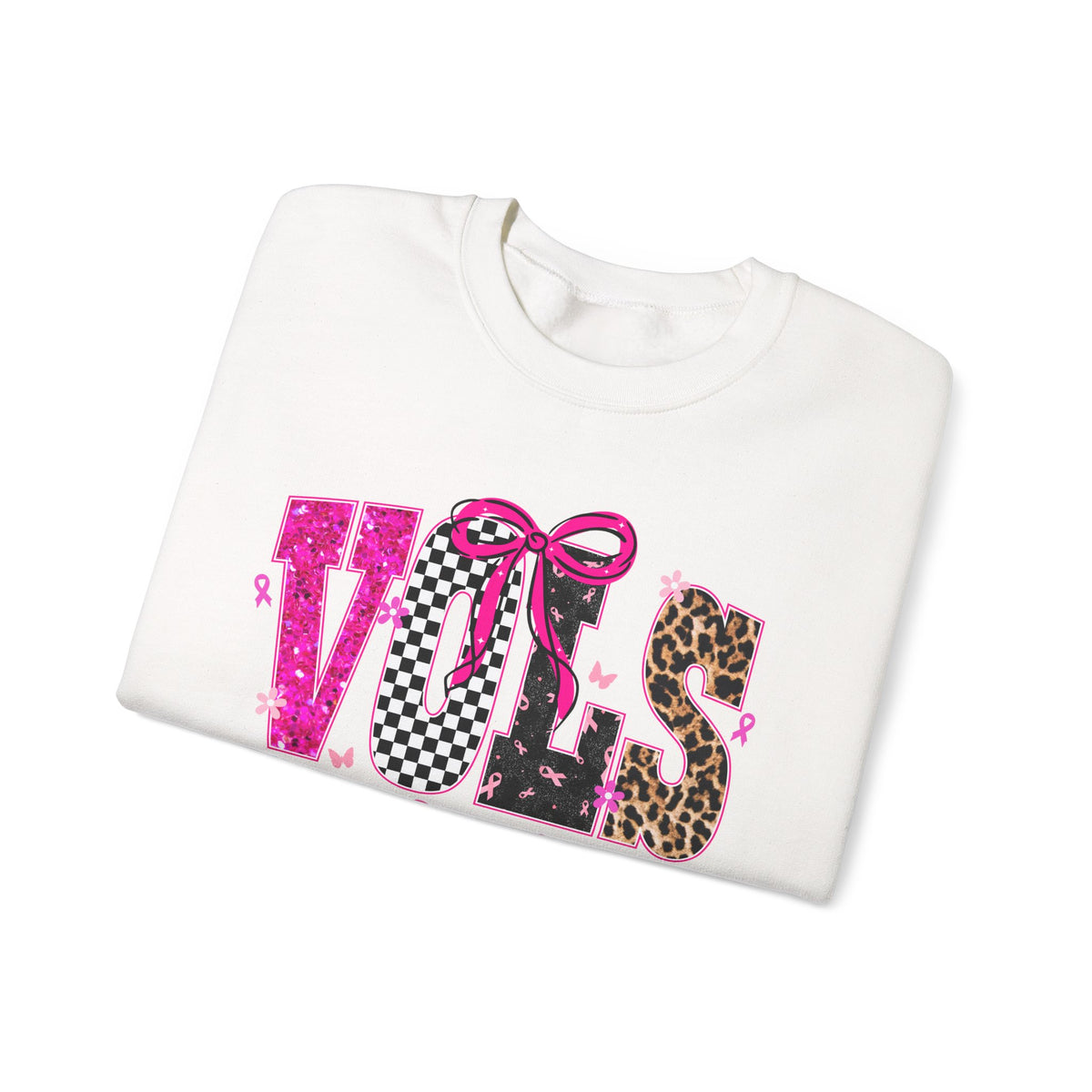 Crewneck Sweatshirt - VOLS Cheer For A Cure Pink Ribbon Leopard & Glitter Design