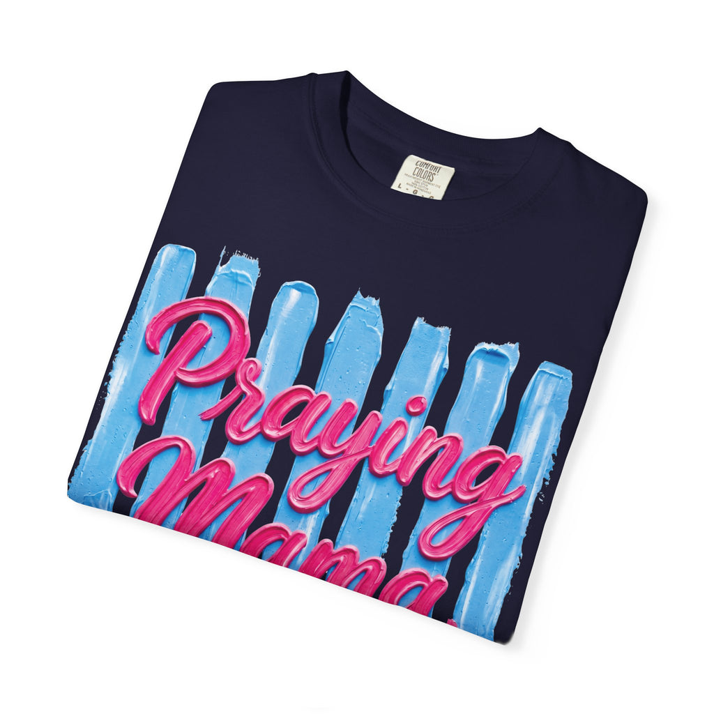 Praying Mama T-shirt | Christian Cross, Hearts, Blue Brushstroke