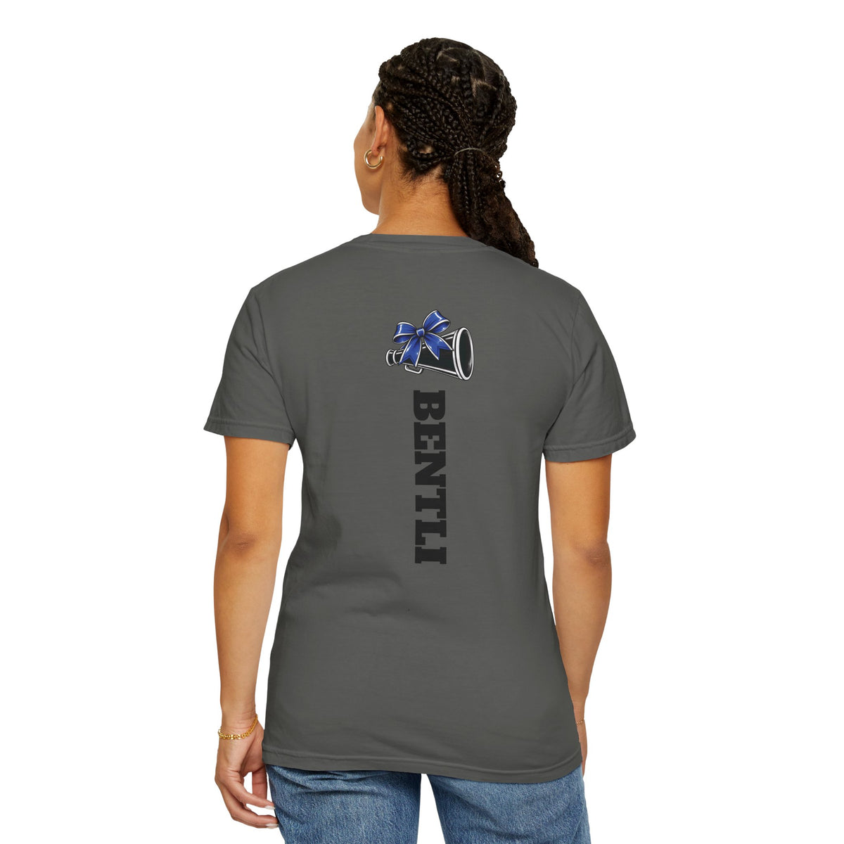 Mom Cheer support T-Shirt — "MOM" with Blue bow & Personalized Back Print