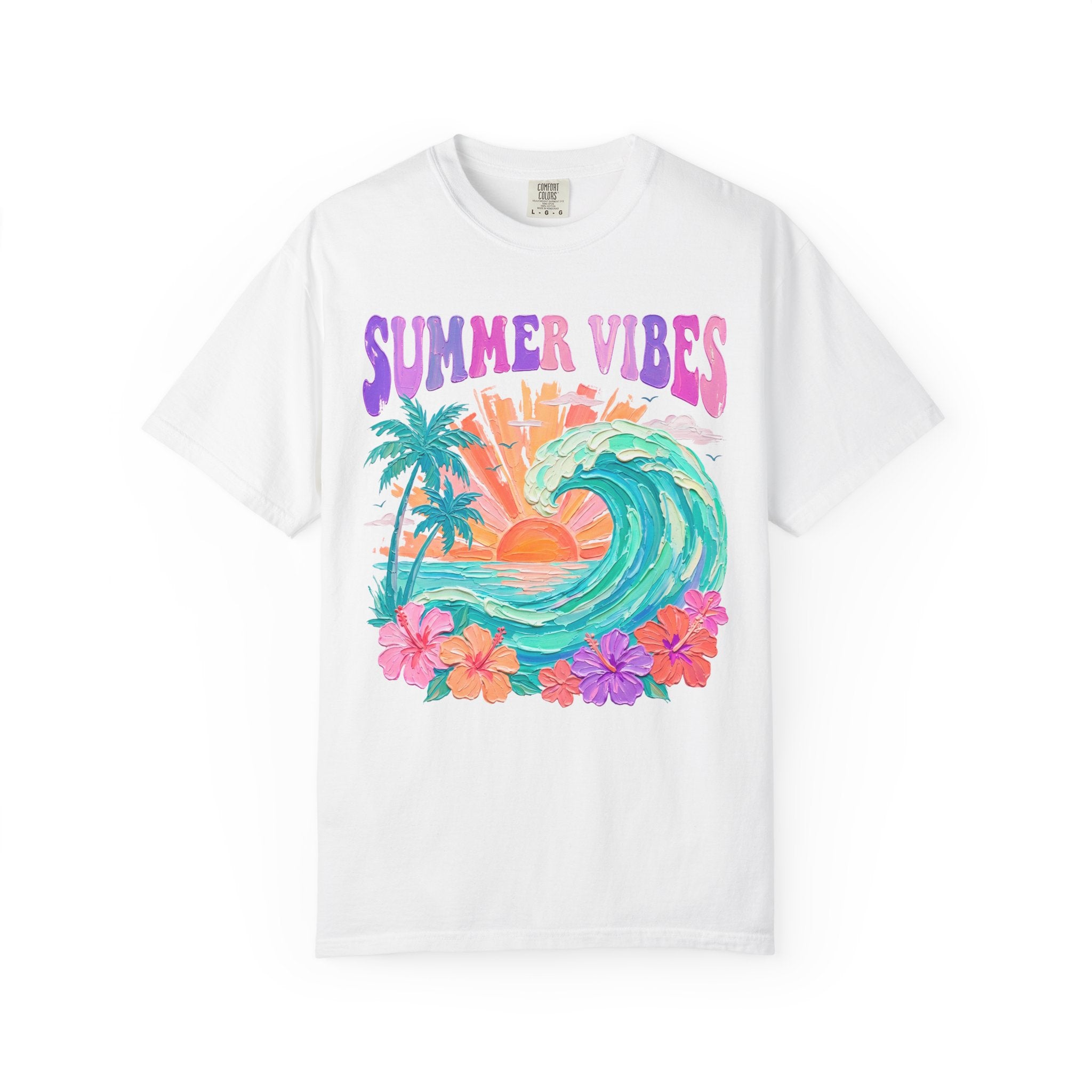 Summer Vibes Wave T-Shirt | Tropical Palm Sunset Hibiscus Beach lover tee