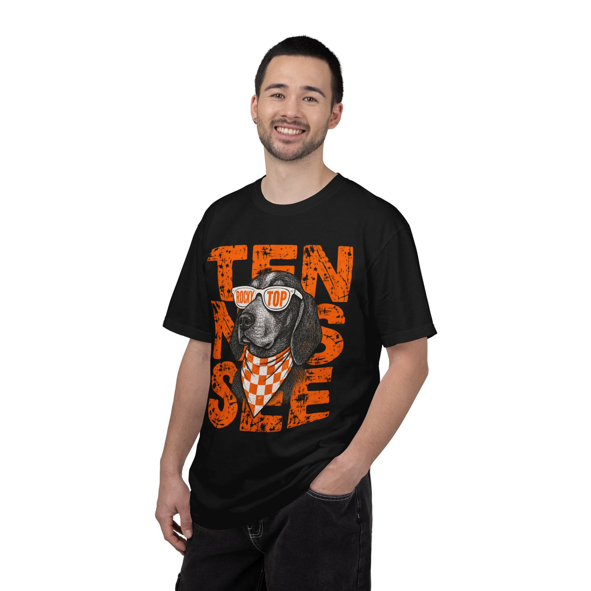 Smokey football dog with Sunglasses and Bandana T-Shirt | Tennessee Vintage Text