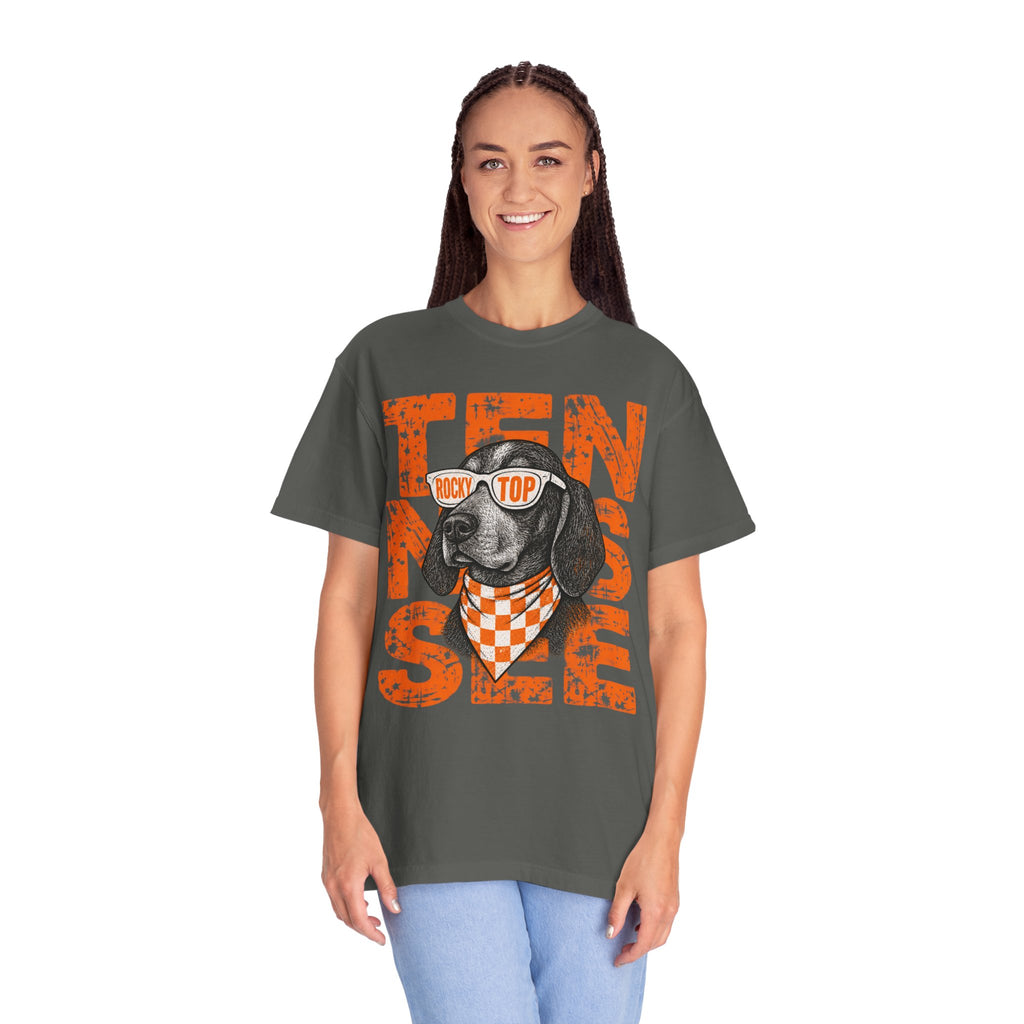 Smokey football dog with Sunglasses and Bandana T-Shirt | Tennessee Vintage Text