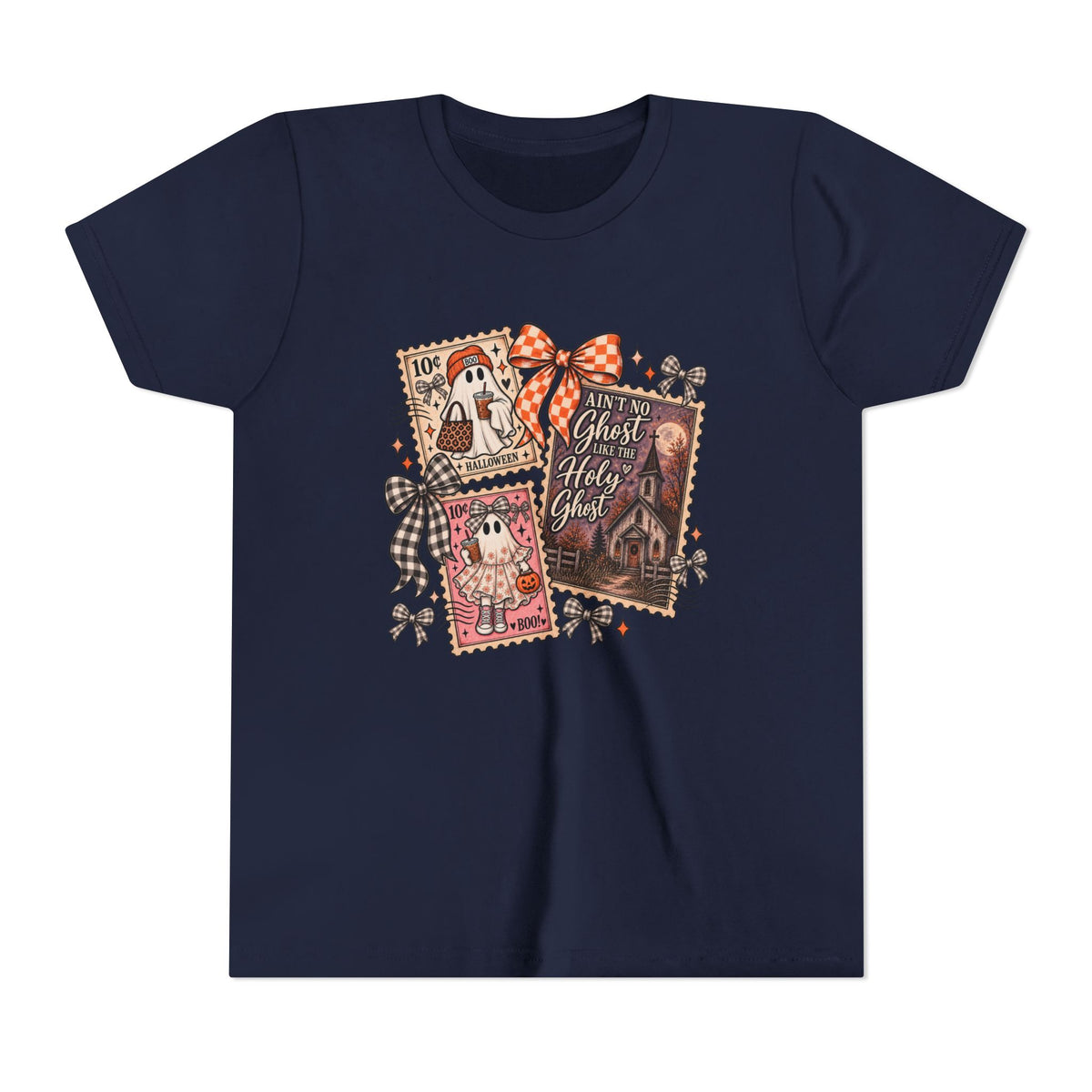 Youth Halloween Postage Stamp Tee — "Ain't No Ghosts Like Our Ghost" Retro Spooky Kids Shirt