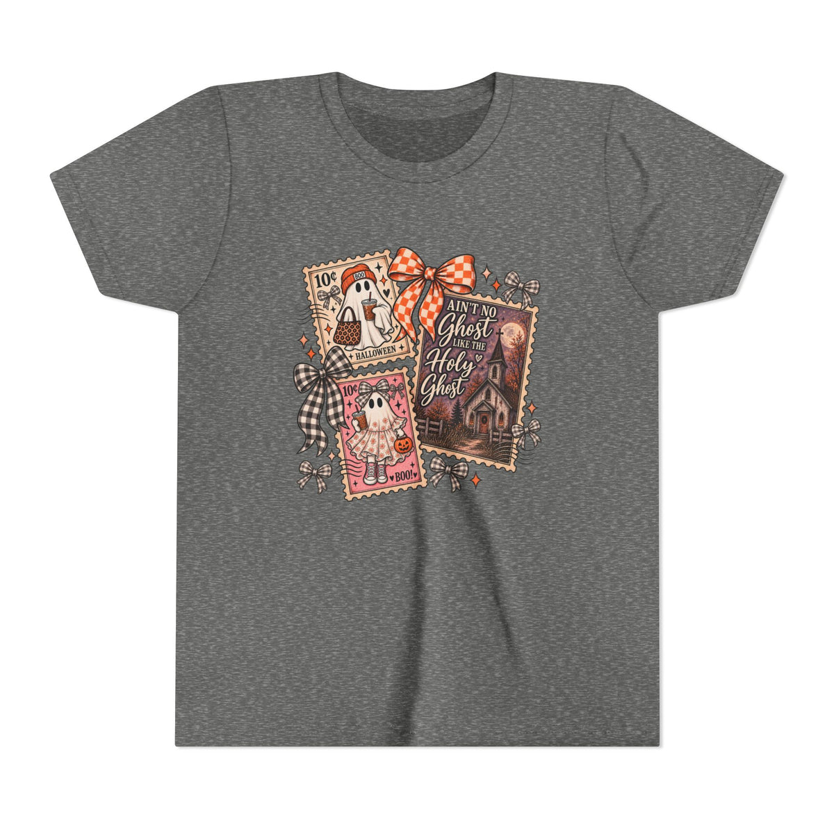 Youth Halloween Postage Stamp Tee — "Ain't No Ghosts Like Our Ghost" Retro Spooky Kids Shirt