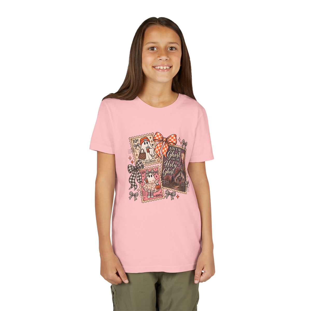 Youth Halloween Postage Stamp Tee — "Ain't No Ghosts Like Our Ghost" Retro Spooky Kids Shirt