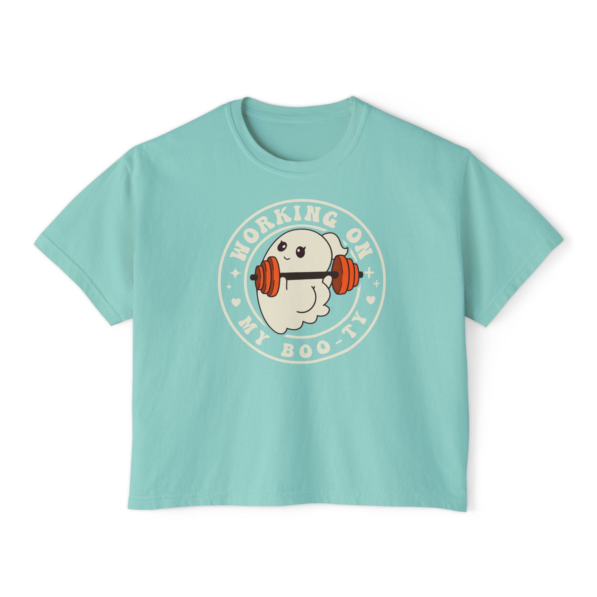 Women's Boxy Tee — Cute 'Working on My Boo-ty Ghost Weightlifting Fitness Shirt