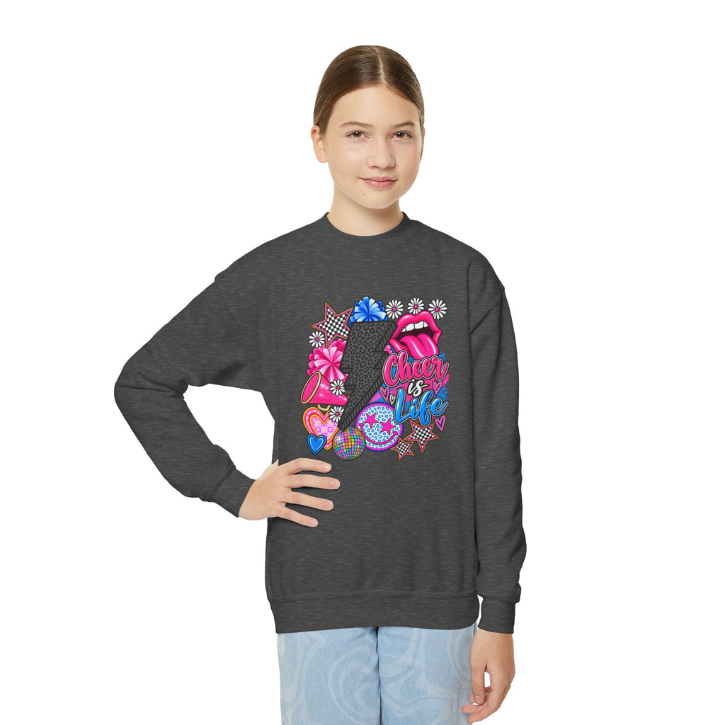 Youth Crewneck Sweatshirt — Sparkly Lip & Emoji cheer is life Graphic Pullover