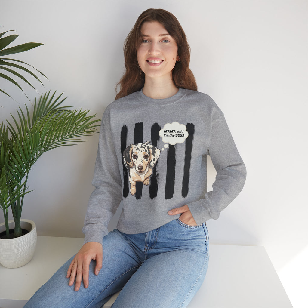 Dachshund Mom Crewneck Sweatshirt – “Mama Said I’m the Boss” Dog Lover Pullover