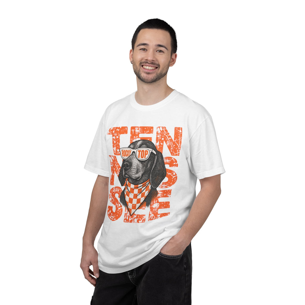Smokey football dog with Sunglasses and Bandana T-Shirt | Tennessee Vintage Text