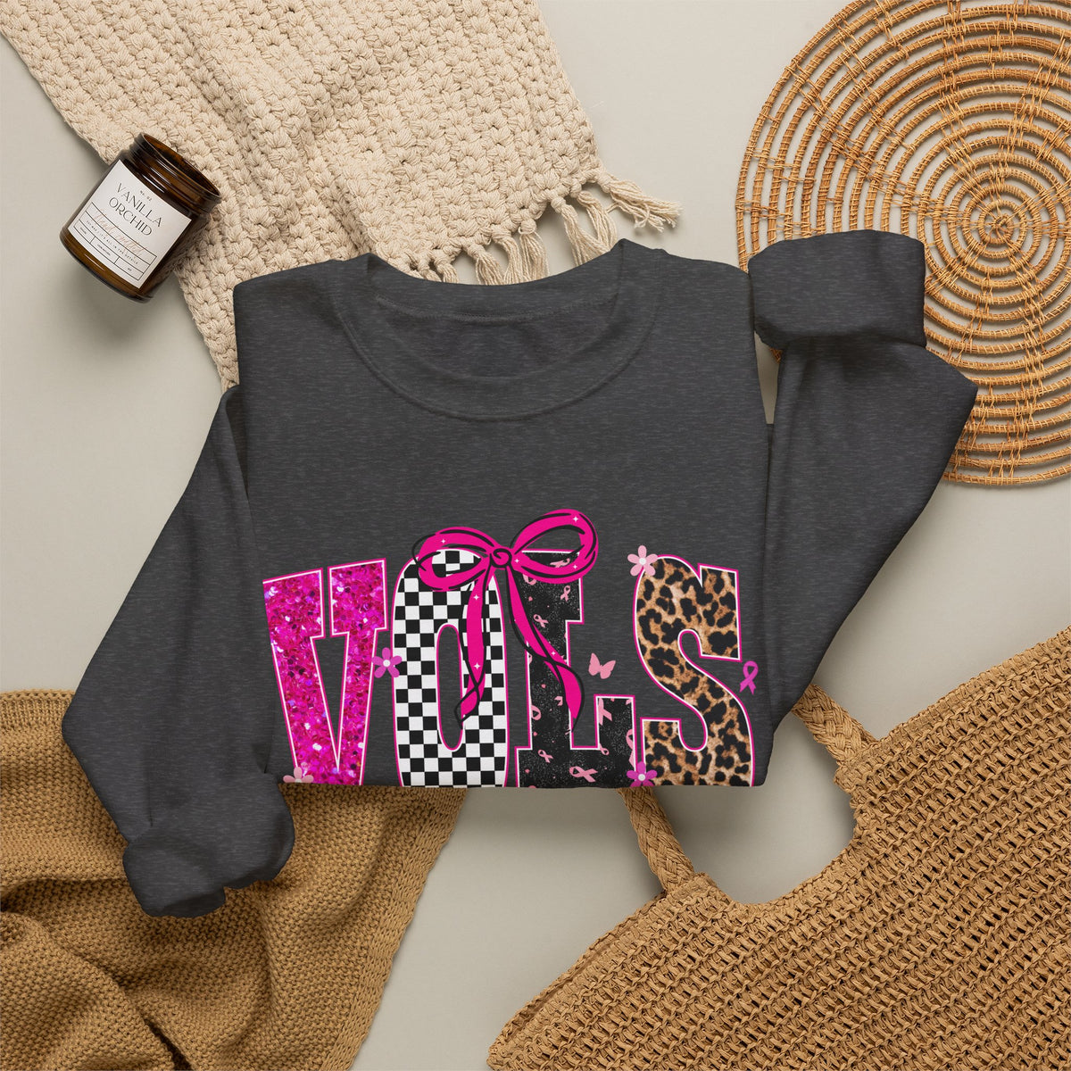 Crewneck Sweatshirt - VOLS Cheer For A Cure Pink Ribbon Leopard & Glitter Design
