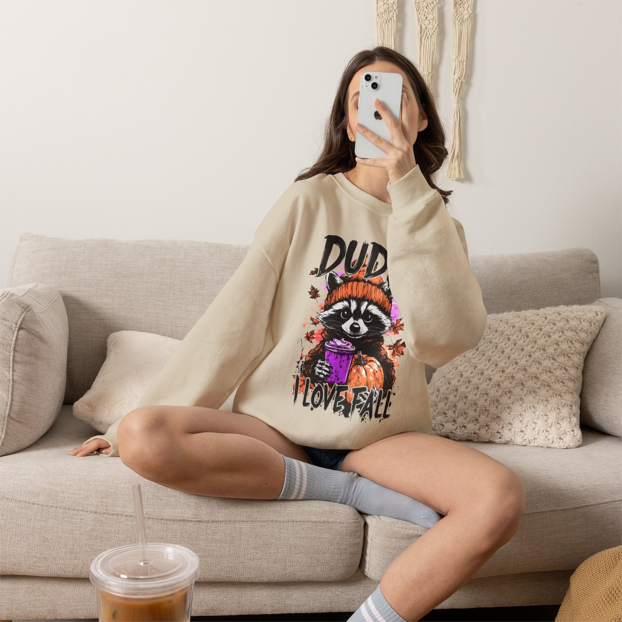 Fall Raccoon Sweatshirt - "Dude I Love Fall" Cozy Autumn GIldan sweatshirt