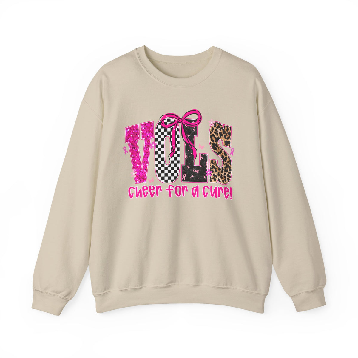 Crewneck Sweatshirt - VOLS Cheer For A Cure Pink Ribbon Leopard & Glitter Design