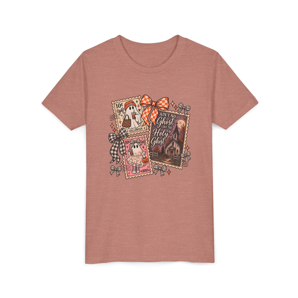 Youth Halloween Postage Stamp Tee — "Ain't No Ghosts Like Our Ghost" Retro Spooky Kids Shirt
