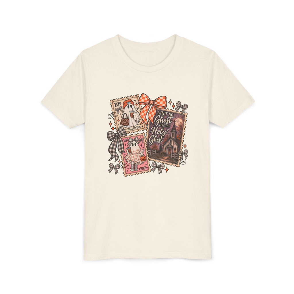 Youth Halloween Postage Stamp Tee — "Ain't No Ghosts Like Our Ghost" Retro Spooky Kids Shirt