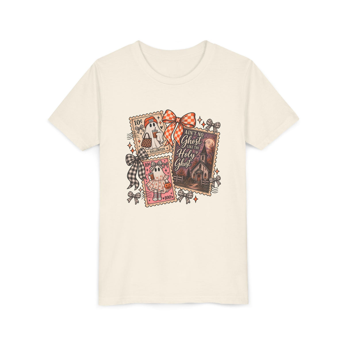 Youth Halloween Postage Stamp Tee — "Ain't No Ghosts Like Our Ghost" Retro Spooky Kids Shirt