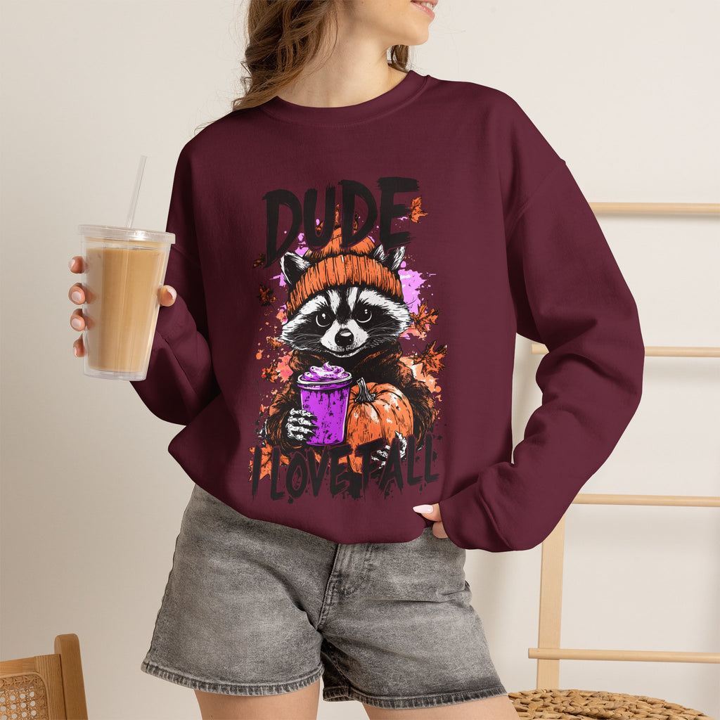 Fall Raccoon Sweatshirt - "Dude I Love Fall" Cozy Autumn GIldan sweatshirt