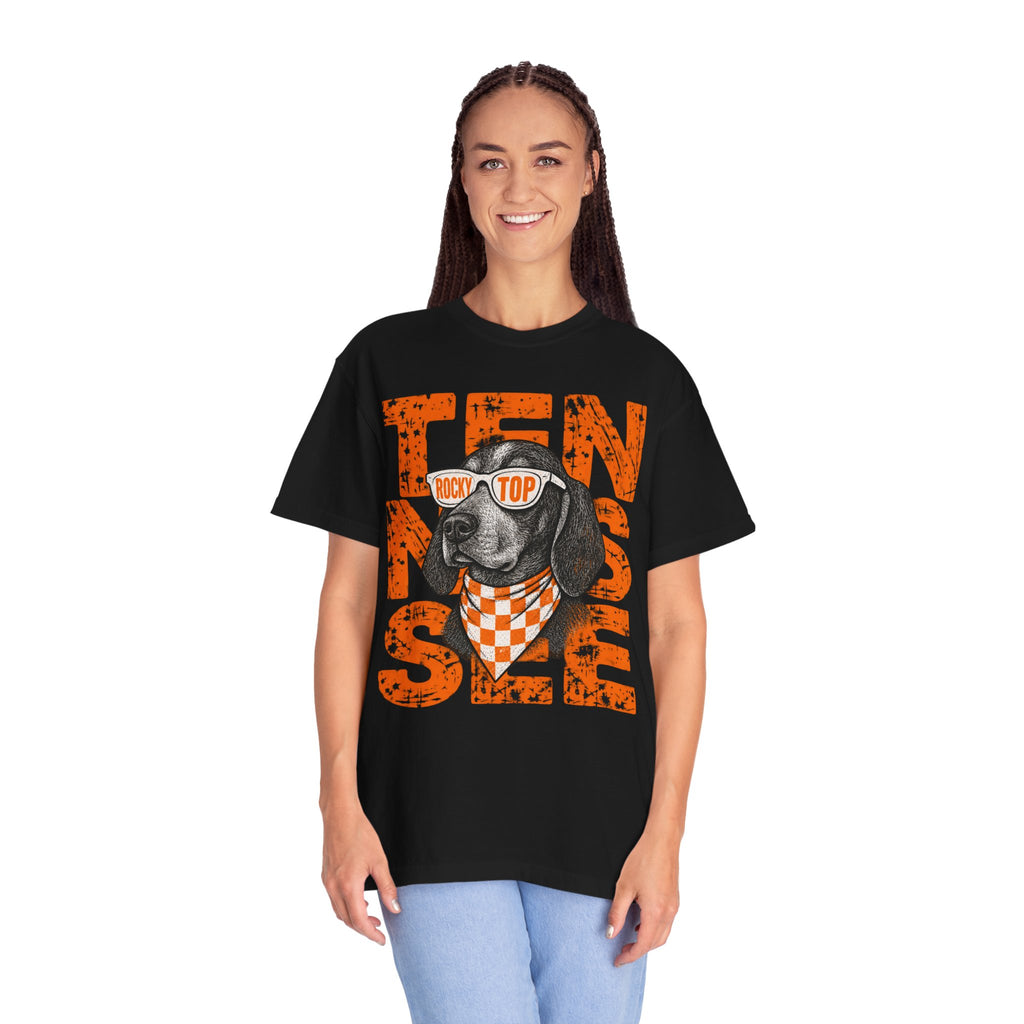 Smokey football dog with Sunglasses and Bandana T-Shirt | Tennessee Vintage Text