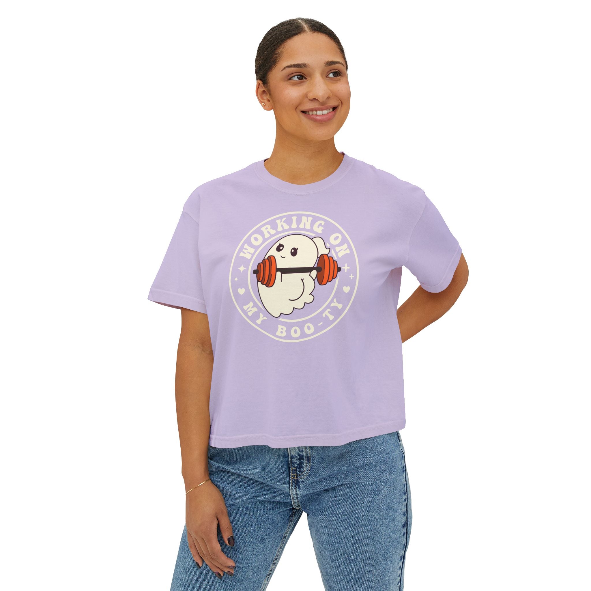 Women's Boxy Tee — Cute 'Working on My Boo-ty Ghost Weightlifting Fitness Shirt