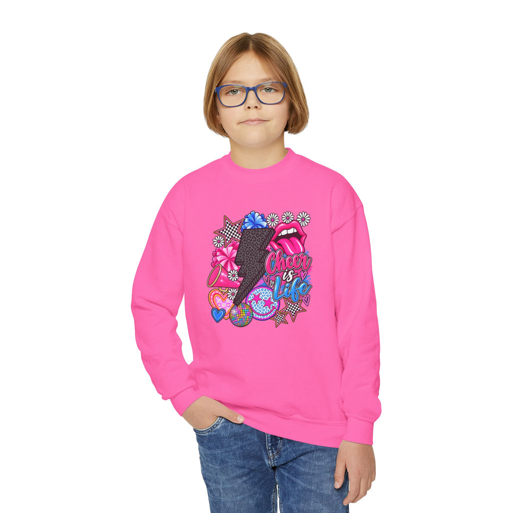 Youth Crewneck Sweatshirt — Sparkly Lip & Emoji cheer is life Graphic Pullover