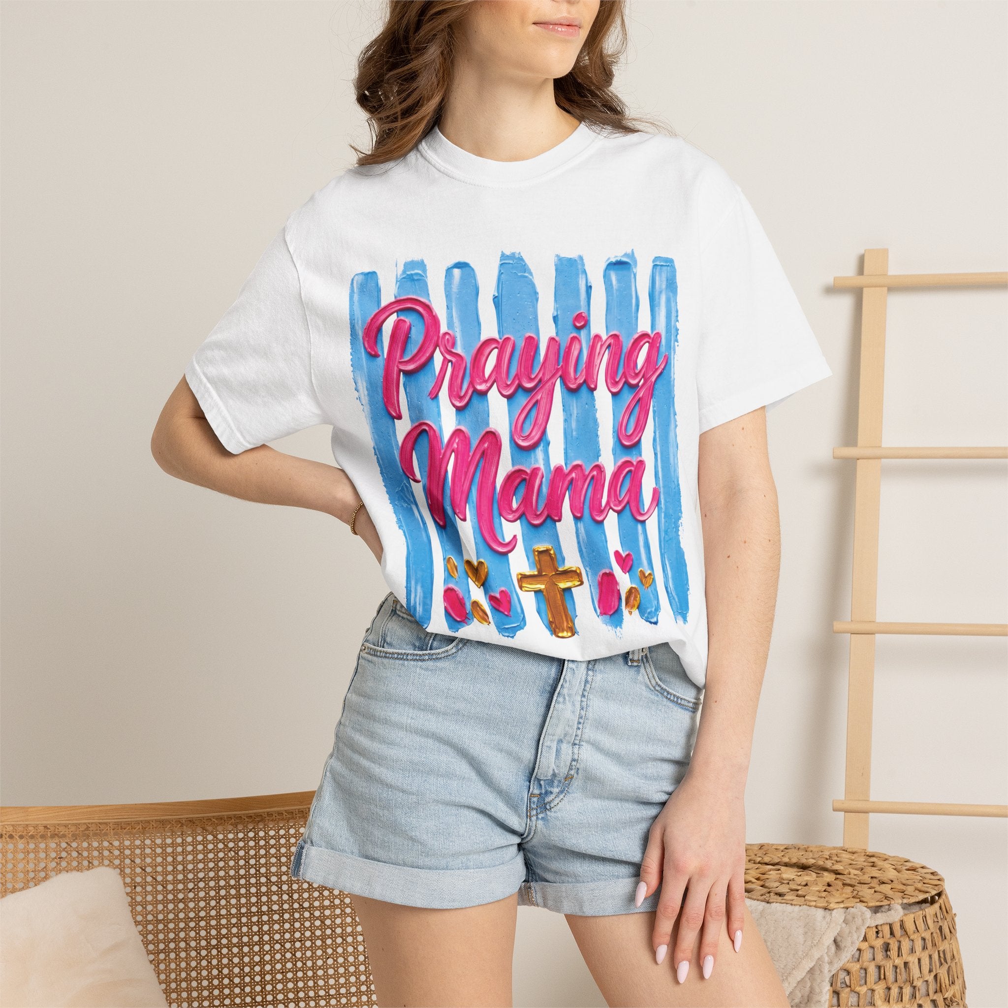 Praying Mama T-shirt | Christian Cross, Hearts, Blue Brushstroke
