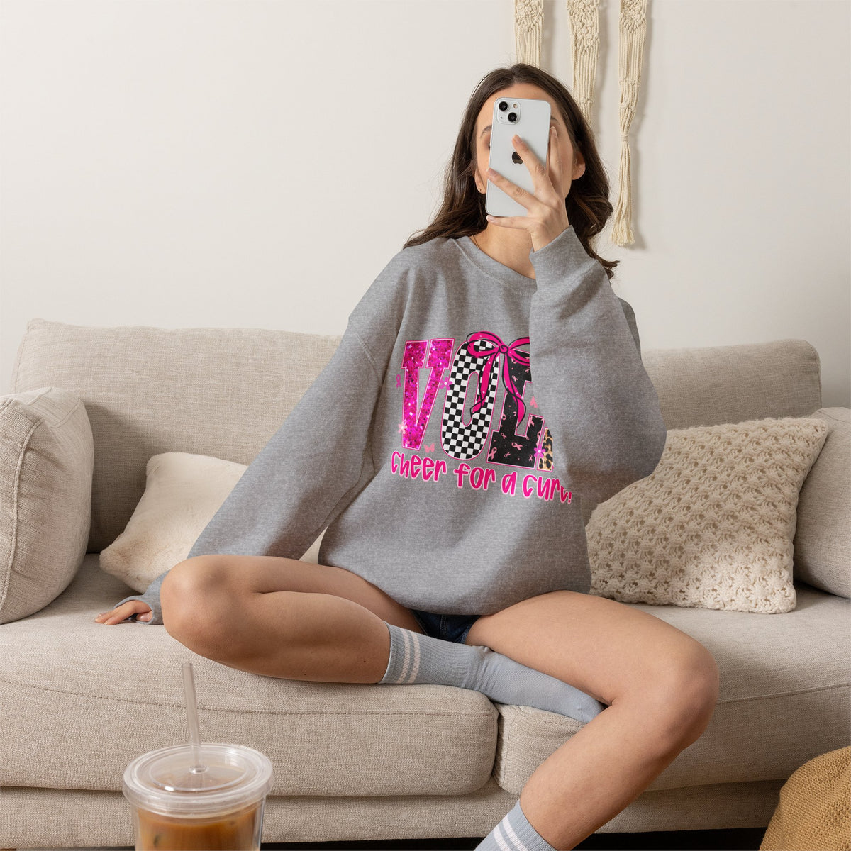 Crewneck Sweatshirt - VOLS Cheer For A Cure Pink Ribbon Leopard & Glitter Design