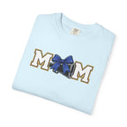 Mom Cheer support T-Shirt — "MOM" with Blue bow & Personalized Back Print