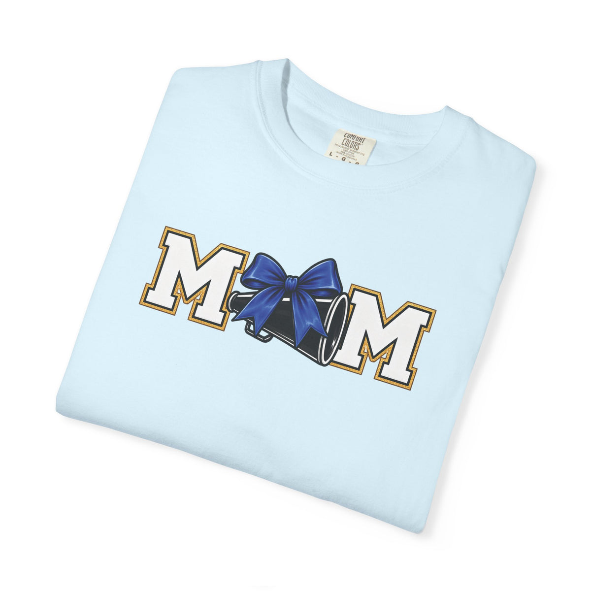 Mom Cheer support T-Shirt — "MOM" with Blue bow & Personalized Back Print
