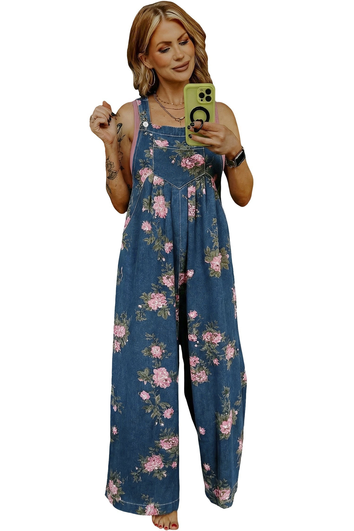 Beau Blue Floral Print Pleated High Waist Wide Leg Denim Jumpsuit