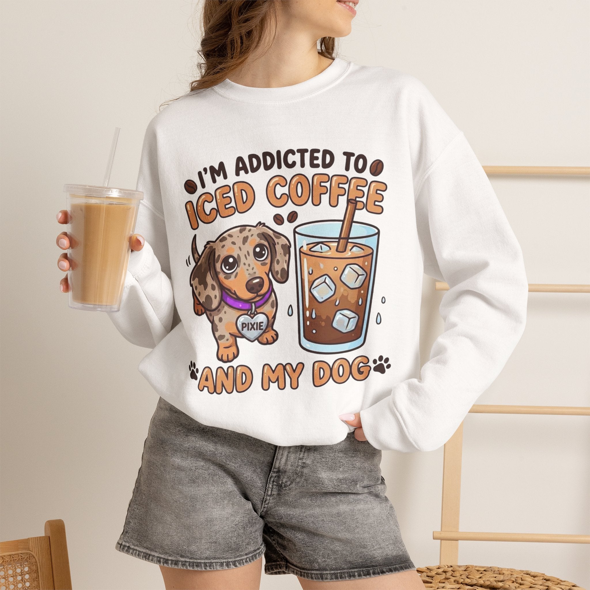 Gildan sweatshirt addicted to iced coffee and my dog