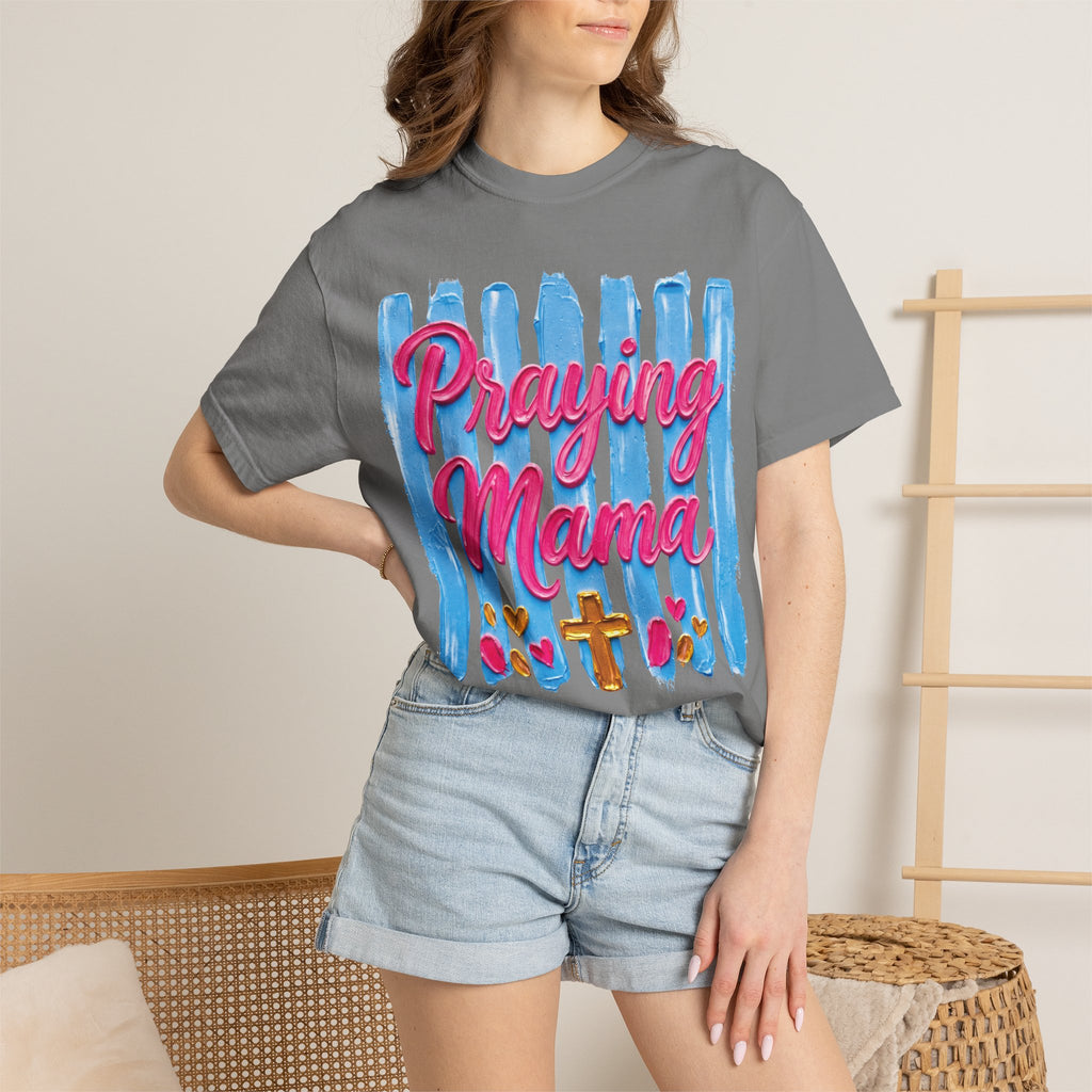 Praying Mama T-shirt | Christian Cross, Hearts, Blue Brushstroke