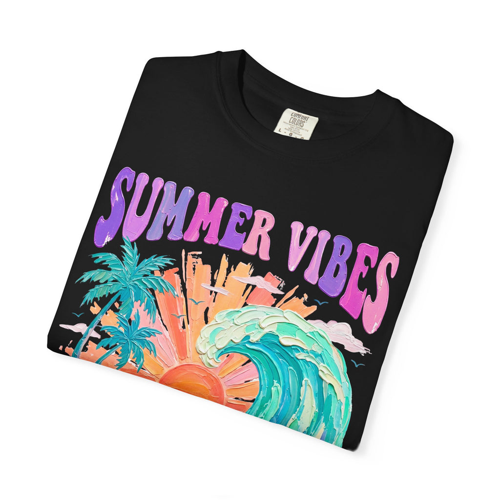 Summer Vibes Wave T-Shirt | Tropical Palm Sunset Hibiscus Beach lover tee