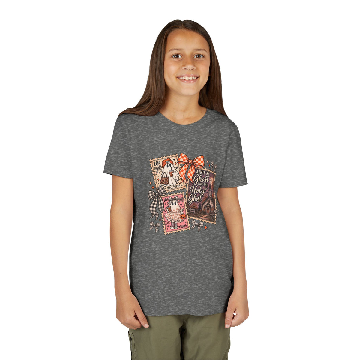 Youth Halloween Postage Stamp Tee — "Ain't No Ghosts Like Our Ghost" Retro Spooky Kids Shirt