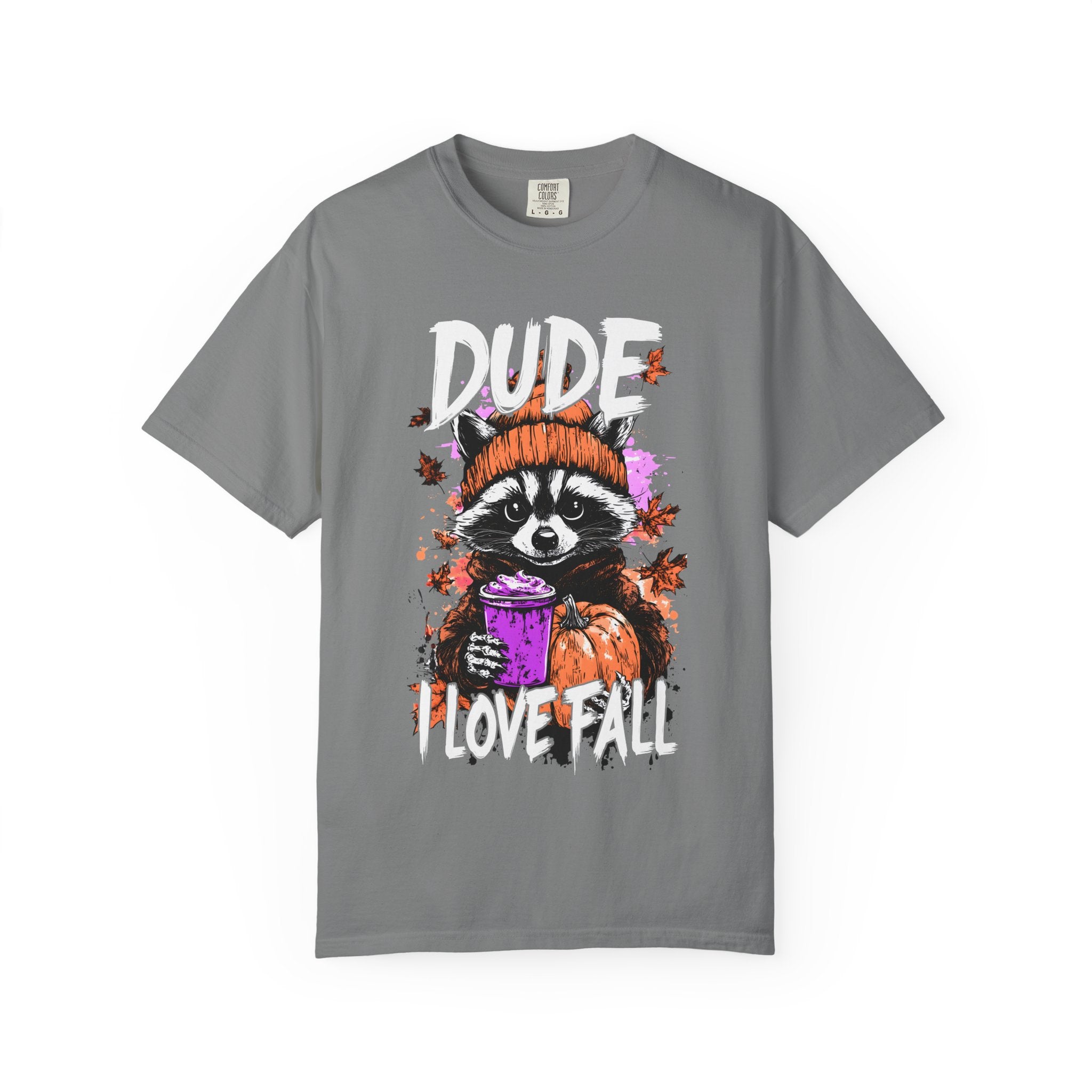 Raccoon with Pumpkin and Coffee Dude I Love Fall T-shirt | Autumn Graphic Tee